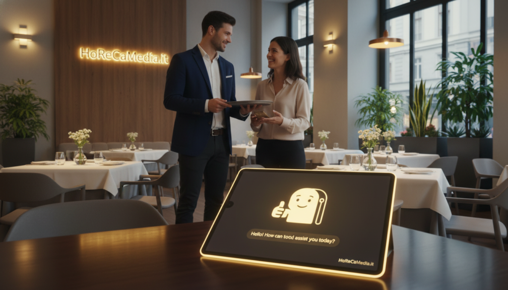 A sleek, modern restaurant setting showcasing a charming virtual assistant in action. In the foreground, a friendly AI chatbot interface displayed on a tablet, with a warm ambiance reflecting soft golden lighting. In the middle ground, a professional server in smart casual attire interacting with a smiling customer, exemplifying excellent service. The background features a beautifully arranged dining area with elegant tables, potted plants, and ambient lighting, evoking a welcoming atmosphere. The overall mood is warm and engaging, emphasizing the seamless blend of technology and personal touch. Include subtle branding elements of "HoReCaMedia.it" integrated into the design, ensuring a professional yet inviting environment focused on enhancing customer experience through innovative solutions.