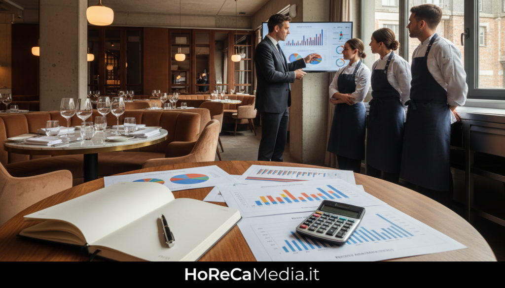 A sleek, modern restaurant setting with a focus on food cost analysis. In the foreground, a table displays a stylish notebook and a calculator, along with colorful charts and graphs illustrating food cost and revenue management statistics. The middle ground features a well-dressed restaurant manager discussing strategies with an engaged kitchen staff, all wearing professional attire. In the background, a beautifully arranged dining area showcases elegant table settings and a vibrant ambiance with warm lighting, creating an inviting atmosphere. The image conveys a sense of efficiency and profitability in a HoReCa context. Capture this scene from a slightly elevated angle to give a comprehensive view while maintaining clarity. The overall mood should feel professional, informative, and optimistic about enhancing restaurant margins. HoReCaMedia.it