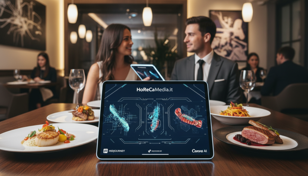 A sleek restaurant menu design showcasing AI-generated visuals, featuring an elegant layout with appetizing images of gourmet dishes. In the foreground, a polished wooden tabletop displays a tablet using Midjourney and Canva AI software, surrounded by delicious plates of food, artfully arranged. The middle section includes a soft-focus view of a waiter in professional attire showcasing the menus to curious diners. The background reveals a chic dining environment with ambient lighting, modern decor, and patrons enjoying their meals, creating a warm and welcoming atmosphere. Emphasize the interplay of technology and fine dining, capturing the essence of culinary innovation. Brand name visible: HoReCaMedia.it.