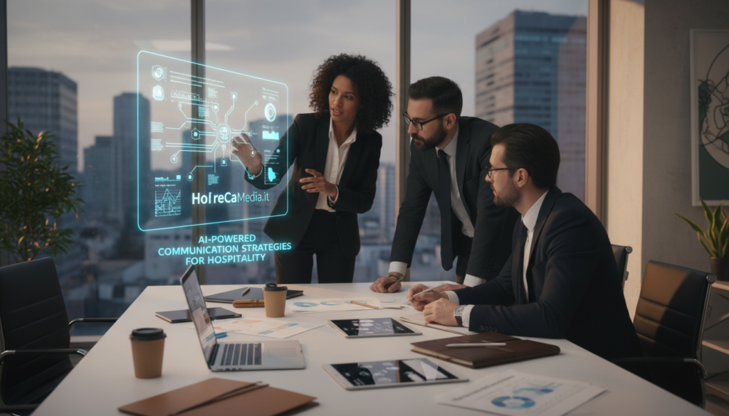 A sophisticated and modern workspace scene showcasing a professional team strategizing a communication plan for the Ho.Re.Ca. industry, illuminated by soft, warm lighting. In the foreground, a sleek table displays laptops, digital tablets, and a well-organized planner, with the branding "HoReCaMedia.it" clearly visible on one of the devices. In the middle ground, three diverse professionals in business attire are engaged in a discussion, one presenting ideas on a digital screen. The background features a stylish office setting with large windows revealing a bustling cityscape. The mood is collaborative and focused, emphasizing the importance of AI in shaping effective communication strategies in the hospitality sector.