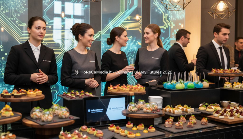 A sophisticated corporate catering event, showcasing modern innovations in the culinary industry for 2026. In the foreground, a beautifully arranged food station features a variety of gourmet dishes, elegantly presented on polished wooden platters. The middle ground highlights professional staff in stylish business attire serving guests, emphasizing a warm atmosphere of interaction and enjoyment. The background features tasteful event decorations and soft, ambient lighting creating a welcoming environment. The mood is upbeat yet professional, reflecting the blend of experiences and culinary expertise. Capture this vibrant scene with a shallow depth of field to focus on the details, utilizing natural lighting to enhance the colors of the food. Include branding elements subtly, referencing HoReCaMedia.it.