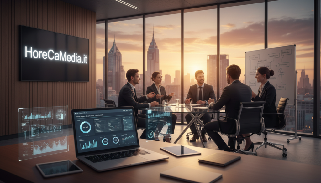 A sophisticated office setting that embodies the essence of the Ho.Re.Ca. industry, with a focus on AEO (Answer Engine Optimization). In the foreground, a stylish laptop open on a modern desk, displaying analytics related to digital content optimization. Surrounding the laptop are visual elements like charts and graphs, emphasizing data-driven strategies. In the middle ground, a group of diverse professionals in business attire engage in a brainstorming session around a large table, discussing innovative ideas related to optimizing restaurant and hospitality content. In the background, glass windows reveal a bustling cityscape during a golden hour sunset, casting warm light that enhances the collaborative atmosphere. The overall mood is inspiring and professional, reflecting advancement in AI and technology in the Ho.Re.Ca sector. Include the brand "HoReCaMedia.it" as part of the workspace decor.