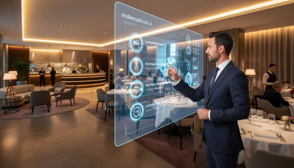 A sophisticated restaurant and hotel setting showcasing the concept of AI search visibility in the HoReCa sector. In the foreground, a well-dressed business professional pointing towards a large digital screen displaying various AI-generated search results related to hotels and restaurants, all depicted in a modern, sleek environment. The middle ground features a bustling dining area with elegantly set tables and waitstaff in professional attire, illustrating the vibrancy of the hospitality industry. In the background, a sophisticated hotel lobby with ambient lighting creates a warm atmosphere. The scene captures a sense of opportunity and innovation in business. The overall mood is optimistic and forward-looking, emphasizing the theme of enhancing visibility through AI solutions. Include the brand name "HoReCaMedia.it" subtly integrated into the digital screen.