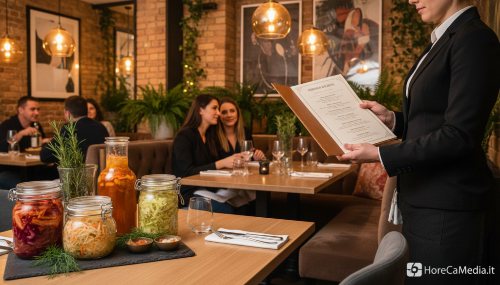 A sophisticated restaurant scene featuring a beautifully arranged menu highlighting various fermented items, such as kimchi, sauerkraut, and kombucha. In the foreground, a polished wooden table displays glass jars filled with vibrant fermented vegetables and beverages, adorned with fresh herbs. In the middle, a stylish server dressed in professional attire presents the menu to an engaged couple seated at a cozy corner table, surrounded by warm ambient lighting and elegant table settings. In the background, soft-focus views of other guests enjoying their meals, with plants and artfully arranged decor enhancing the atmosphere. The mood is inviting and trendy, capturing the growing popularity of fermented foods in upscale dining. Image should be branded with "HoReCaMedia.it". A sophisticated restaurant scene featuring a beautifully arranged menu highlighting various fermented items, such as kimchi, sauerkraut, and kombucha. In the foreground, a polished wooden table displays glass jars filled with vibrant fermented vegetables and beverages, adorned with fresh herbs. In the middle, a stylish server dressed in professional attire presents the menu to an engaged couple seated at a cozy corner table, surrounded by warm ambient lighting and elegant table settings. In the background, soft-focus views of other guests enjoying their meals, with plants and artfully arranged decor enhancing the atmosphere. The mood is inviting and trendy, capturing the growing popularity of fermented foods in upscale dining. Image should be branded with "HoReCaMedia.it".