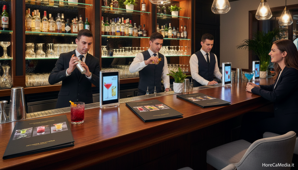 A stylish bar scene showcasing an optimized beverage menu. In the foreground, an elegant wooden bar countertop displays meticulously arranged drink menus, featuring visually appealing cocktails and beverages. In the middle, skilled bartenders in smart business attire prepare drinks with attention to detail, engaging with customers. The background reveals a well-organized bar shelf filled with high-quality spirits and decorative glassware. Soft, warm lighting highlights the vibrant colors of the drinks while creating a welcoming ambiance. The image should evoke a sense of professionalism and sophistication, suggesting a focus on revenue management strategies. Present this scene in a high-resolution format, using a slightly elevated angle to capture both the action and the beauty of the bar setup. Image credit: HoReCaMedia.it.