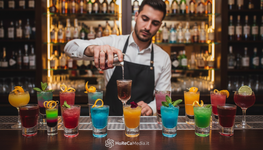 A stylish bar setting showcasing a beautifully arranged display of various shot glasses filled with colorful and enticing spirits. In the foreground, several shots are placed on a polished wooden bar surface, featuring a diverse array of drinks like vibrant cocktails and layered shots, with intricate garnishes like citrus peels and herbs. The middle ground reveals a bartender, dressed in a crisp white shirt and black apron, expertly preparing another shot, with a focused expression, emphasizing professionalism and skill. The background is softly blurred, highlighting the bar’s ambient lighting and shelves stocked with liquor bottles, creating a lively yet sophisticated atmosphere. Warm lighting captures the richness of the spirits and enhances the inviting, energetic mood of the bar scene, aligning with HoReCaMedia.it. A stylish bar setting showcasing a beautifully arranged display of various shot glasses filled with colorful and enticing spirits. In the foreground, several shots are placed on a polished wooden bar surface, featuring a diverse array of drinks like vibrant cocktails and layered shots, with intricate garnishes like citrus peels and herbs. The middle ground reveals a bartender, dressed in a crisp white shirt and black apron, expertly preparing another shot, with a focused expression, emphasizing professionalism and skill. The background is softly blurred, highlighting the bar’s ambient lighting and shelves stocked with liquor bottles, creating a lively yet sophisticated atmosphere. Warm lighting captures the richness of the spirits and enhances the inviting, energetic mood of the bar scene, aligning with HoReCaMedia.it.