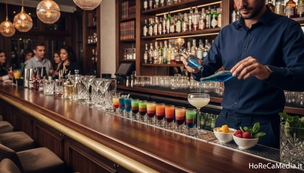 A stylish cocktail bar scene, showcasing a variety of vibrant shot cocktails lined up on a polished wooden bar surface. In the foreground, a skilled bartender, dressed in smart casual attire, expertly prepares an intricate shot cocktail using precision tools and fresh ingredients, such as colorful liqueurs and garnishes. The middle ground features elegant glassware reflecting the soft, warm glow of ambient lighting, creating a welcoming atmosphere. In the background, shelves filled with various spirits and cocktail books contribute to the bar's sophisticated vibe. The mood is vibrant and inviting, ideal for a professional bar setting. The overall composition emphasizes the art of cocktail preparation, with a focus on technique and detail, intended for HoReCaMedia.it. A stylish cocktail bar scene, showcasing a variety of vibrant shot cocktails lined up on a polished wooden bar surface. In the foreground, a skilled bartender, dressed in smart casual attire, expertly prepares an intricate shot cocktail using precision tools and fresh ingredients, such as colorful liqueurs and garnishes. The middle ground features elegant glassware reflecting the soft, warm glow of ambient lighting, creating a welcoming atmosphere. In the background, shelves filled with various spirits and cocktail books contribute to the bar's sophisticated vibe. The mood is vibrant and inviting, ideal for a professional bar setting. The overall composition emphasizes the art of cocktail preparation, with a focus on technique and detail, intended for HoReCaMedia.it.