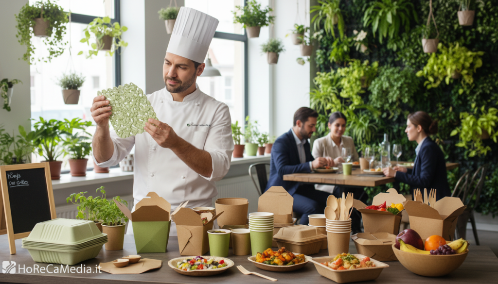 A stylish, modern kitchen setting in a bustling Ho.Re.Ca. environment, showcasing innovative sustainable packaging solutions. In the foreground, a professional chef inspects biodegradable packaging made from plant-based materials, emphasizing its texture and design. The middle ground features a vibrant display of eco-friendly takeaway containers and utensils, styled with fresh produce and colorful dishes. In the background, patrons enjoy meals at a chic café table, surrounded by greenery that enhances the sustainable theme. Warm, natural lighting casts a welcoming glow throughout the scene, emphasizing the cleanliness and quality of the products. This image embodies the future of eco-friendly practices in the food service industry, aligned with the branding of HoReCaMedia.it.