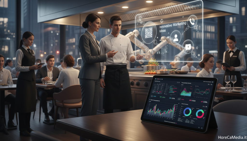 A stylish restaurant interior featuring advanced AI technology integrated into the dining experience. In the foreground, a professional looking AI tablet on a sleek table, displaying dynamic marketing analytics and customer engagement data. In the middle ground, a well-dressed restaurant manager strategizing with a chef, both focused on a futuristic digital screen projecting innovative marketing ideas. The background shows a modern kitchen with seamless robotic cooking machines and waitstaff utilizing handheld devices to take orders, enhancing efficiency. Soft ambient lighting illuminates the scene, creating a warm yet innovative atmosphere. The overall mood conveys a blend of sophistication and technological advancement in the HoReCa sector. Ensure the setting is vibrant and inviting, showcasing the transformative impact of AI in the restaurant industry. Include the brand name "HoReCaMedia.it" subtly in the scene.