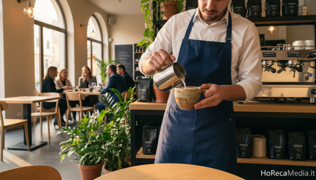 A vibrant Italian coffee scene representing the "third wave coffee movement." In the foreground, a skilled barista in smart casual attire expertly pours a latte with intricate latte art into a beautifully crafted ceramic mug. The middle ground features a modern café setting with minimalist wooden furniture, potted plants, and an espresso machine gleaming under soft, warm lighting. In the background, patrons engaged in lively discussions showcase the coffee culture's social aspect. The atmosphere is warm and inviting, evoking a sense of community and passion for specialty coffee. Capture the essence of the Italian café experience emphasizing quality and craftsmanship, with natural light streaming through large windows. This image is for HoReCaMedia.it.