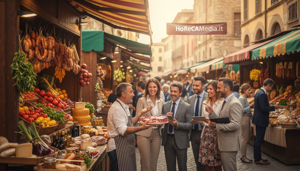 A vibrant Italian market scene, showcasing a lively "mercato" with colorful stalls filled with fresh produce, meats, and local delicacies. In the foreground, a well-dressed vendor enthusiastically interacts with a diverse group of professional-looking customers in business attire, creating a dynamic exchange. The middle ground features an array of colorful fruits, vegetables, and artisanal goods, illustrating the rich variety available in Italian cuisine. In the background, a charming street lined with rustic buildings and traditional awnings provides context, bathed in warm, soft lighting that conveys an inviting atmosphere. Capture this scene with a wide-angle lens, focusing on the interactions while softly blurring the background to emphasize the market's vibrant energy. The image should evoke a sense of community and the evolving competitive landscape of the HoReCa sector in Italy. HoReCaMedia.it.