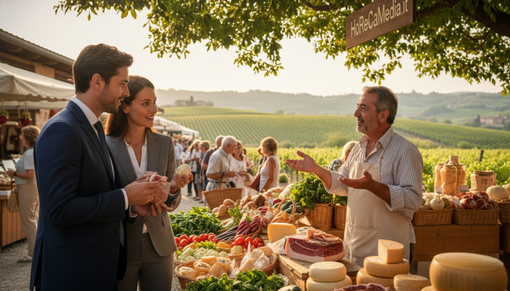 A vibrant Italian marketplace, overflowing with authentic local flavors, showcasing an assortment of fresh produce, cheeses, and cured meats. In the foreground, a well-dressed couple, in professional business attire, examines artisanal products with curiosity and excitement. In the middle, a friendly vendor, clad in a traditional apron, enthusiastically shares stories behind the ingredients, creating a warm and inviting atmosphere. The background reveals a scenic view of rolling hills and vineyards, under soft, golden sunlight filtering through the leaves, enhancing the rich colors of the surroundings. The image captures the essence of gastronomic tourism in Italy, illustrating the deep connection between culture and cuisine. The overall mood is joyful and vibrant, perfect for engaging readers in the world of culinary travel. This image is for HoReCaMedia.it.