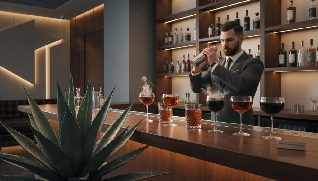 A vibrant agave plant in the foreground, showcasing its striking, serrated leaves in deep green hues, glistening with dew under warm, soft lighting. The middle ground features a polished wooden bar counter, adorned with elegant cocktail glasses filled with dark spirits, emphasizing the trend of dark-themed cocktails in 2026. A stylish bartender in professional attire skillfully mixes a cocktail, surrounded by shelves lined with artisanal liquors. In the background, a sleek, modern bar ambiance with subtle dim lighting and ambient decor. The setting has a warm yet sophisticated atmosphere, capturing the essence of innovation in the cocktail scene, ideal for the HoReCa industry.