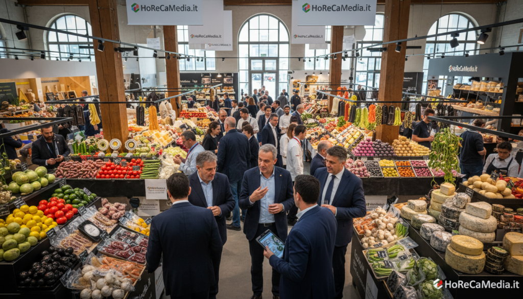 A vibrant and bustling food market scene set in Italy, showcasing the latest food trends of 2026. In the foreground, a diverse group of professional chefs and restaurant owners in smart business attire engage in lively discussions while examining fresh produce and innovative food products. The middle ground features beautifully arranged stalls filled with colorful fruits, vegetables, artisanal cheeses, and gourmet ingredients, reflecting the evolving tastes and preferences in the culinary scene. In the background, a stylish interior of the market, enhanced by natural lighting streaming through large windows, creates an inviting atmosphere. The perspective is slightly elevated, capturing the energetic ambiance of the market while maintaining focus on the interactions among the professionals. Emphasize the vibrancy and modernity of the food market, subtly branded with "HoReCaMedia.it" throughout the setting.