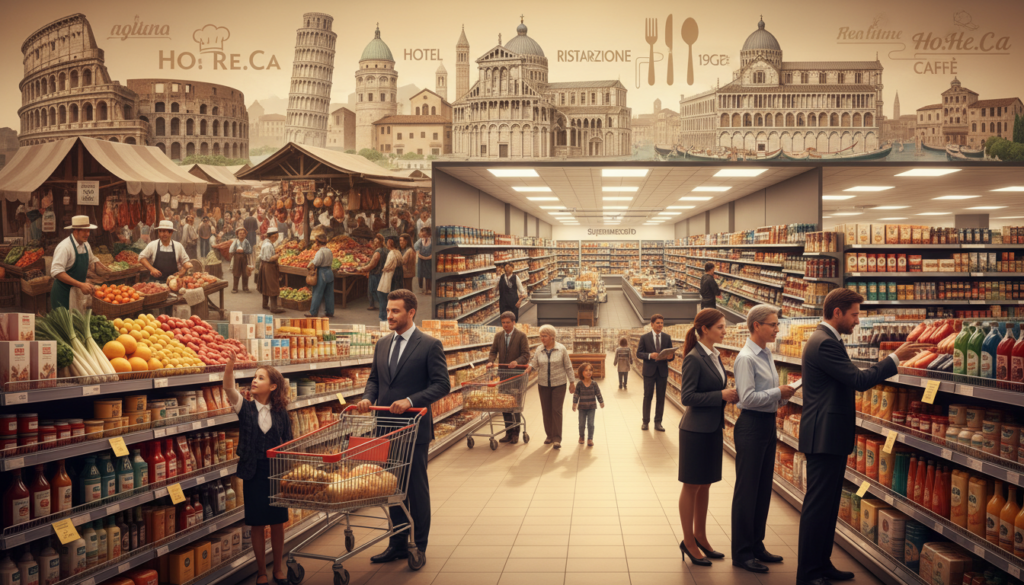 A vibrant and detailed illustration showcasing the evolution of organized large-scale distribution in Italy, featuring a timeline with key historical moments depicted through various store formats. In the foreground, a modern supermarket layout with neatly organized aisles, professional staff in business attire assisting customers. The middle ground contains images of traditional markets and the transition to contemporary retail spaces, emphasizing changes in consumer behavior. The background displays iconic Italian landmarks subtly blended with signage related to Ho.Re.Ca. to reflect the growing connection to the hospitality sector. Warm, inviting lighting creates a sense of progress and collaboration, with a focus on harmony between community and commerce. This image is for HoReCaMedia.it and excludes any text or identifying marks.