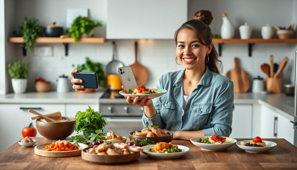 A vibrant and dynamic food influencer in a modern kitchen setting, showcasing a beautifully arranged spread of gourmet dishes on a stylish wooden table. The influencer, a young adult wearing a chic, casual outfit, smiles warmly as they hold a colorful plate in one hand and a smartphone in the other, ready to capture the moment. In the background, soft lighting illuminates fresh herbs and ingredients, adding atmosphere and warmth to the scene. The kitchen is well-organized, featuring trendy cookware and decorative items that reflect a passion for culinary arts. The overall mood is inviting and professional, emphasizing the influencer's role in the food industry. This image embodies the essence of food marketing, perfect for illustrating the influence of culinary content creators. Brand: HoReCaMedia.it.