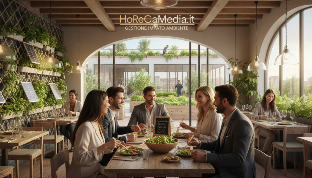 A vibrant and dynamic restaurant scene showcasing environmentally-friendly practices in the HoReCa sector. In the foreground, a diverse team of professionals in smart casual clothing collaborates over a sustainable farm-to-table meal, emphasizing inclusivity and ethical practices. The middle ground features lush greenery integrated into the restaurant design, highlighting vertical gardens and solar panels. In the background, a modern, eco-conscious establishment, with large windows letting in natural light, offers views of a thriving community garden. The atmosphere is warm and inviting, with soft, ambient lighting casting a gentle glow over the setting. The image should reflect a sense of harmony between culinary excellence and environmental stewardship, illustrating "gestione impatto ambiente" in the context of ethical dining. Branding: HoReCaMedia.it.