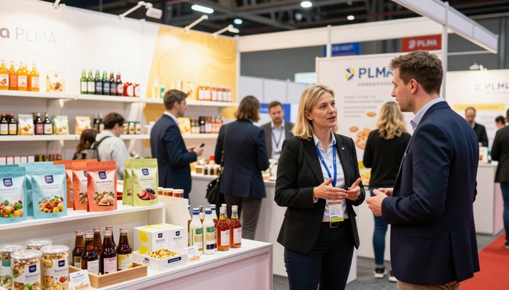 A vibrant and dynamic scene depicting a bustling trade show in Amsterdam, showcasing a diverse array of private label products relevant to the HoReCa sector. In the foreground, a well-dressed business professional engages in conversation with a representative from a private label brand, both showcasing enthusiasm. The middle ground features elegantly arranged booths displaying various packaged food and beverage items, with samples on display to entice potential buyers. Bright, indirect lighting illuminates the hall, creating an inviting atmosphere. The background includes banners promoting the PLMA event and abstract designs related to the theme of innovation in food service. Capture the energy and collaborative spirit of industry professionals networking and discovering new products. This scene reflects the essence of attending the international fair in Amsterdam, emphasizing connections within the HoReCa market.