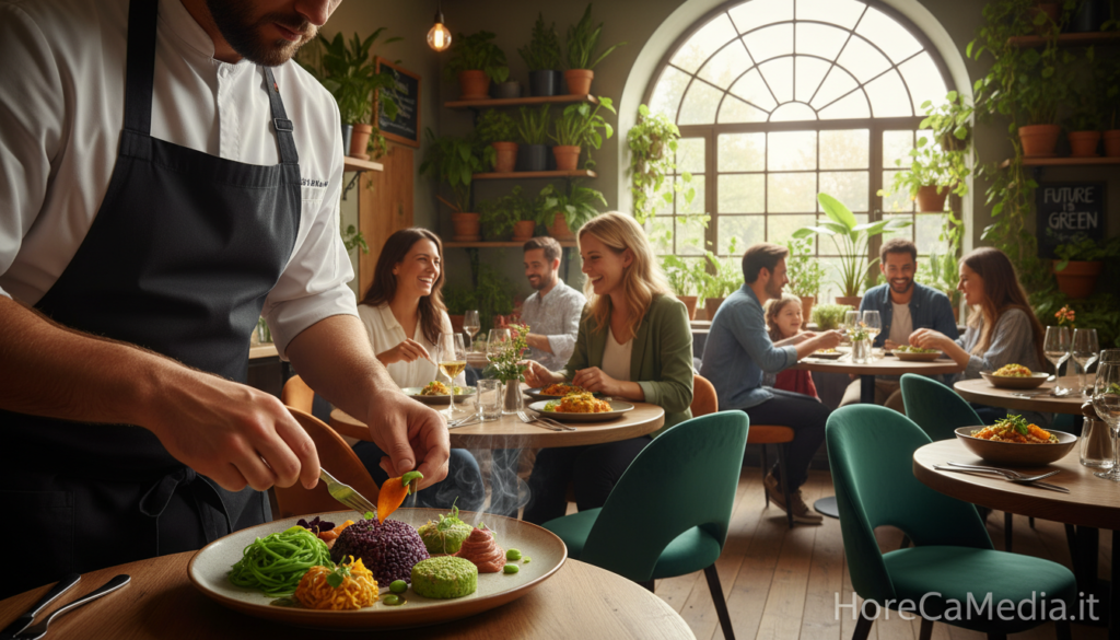 A vibrant and dynamic scene depicting the evolution of the plant-based market in the restaurant industry. In the foreground, a skilled chef in professional attire is creatively plating a colorful dish featuring ancient legumes, seaweed, and innovative plant-based proteins, showcasing culinary artistry. In the middle ground, an elegantly designed restaurant setting with stylish tables and chairs, where patrons are enjoying beautifully presented plant-based meals. The background features a large window with natural light streaming in, illuminating potted plants and herbs, symbolizing freshness and sustainability. The atmosphere feels lively and energetic, emphasizing the culinary revolution happening in HoReCa settings. Capture this scene with a warm color palette, focusing on textured details and the chef's meticulous movements to convey a sense of passion and creativity. HoReCaMedia.it.