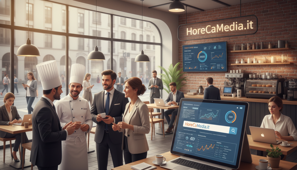 A vibrant and dynamic scene illustrating the evolution of online research in the Ho.Re.Ca. sector. In the foreground, a diverse group of professionals in business attire, including a chef, a hotel manager, and a restaurant owner, are engaged in a discussion while viewing a digital tablet displaying analytics and SEO strategies. The middle layer showcases a modern cafe setting with a stylish interior, featuring laptops and digital screens displaying graphs and keywords related to online searches. The background presents a bustling cityscape with people on smartphones, symbolizing the digital transition. Soft, ambient lighting creates an inviting atmosphere, with a warm color palette conveying innovation and collaboration. The brand "HoReCaMedia.it" subtly integrated into the environment, highlighting its importance in the sector's digital evolution.