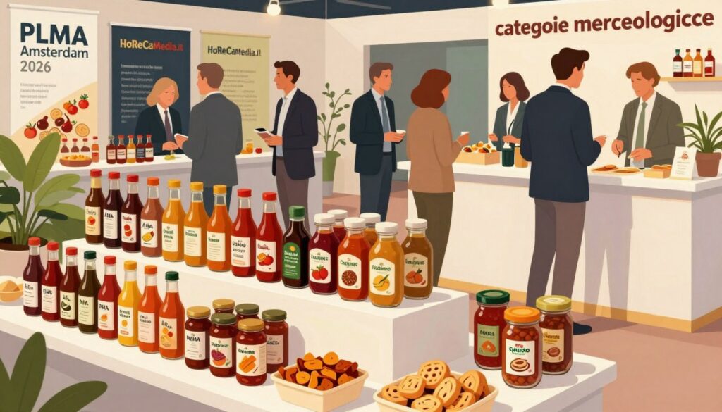 A vibrant and engaging illustration depicting various "categorie merceologiche" relevant to the foodservice industry, specifically for an event like PLMA Amsterdam 2026. In the foreground, a diverse array of products such as gourmet sauces, specialty condiments, and organic snacks neatly arranged on an elegant display table. The middle plane features a bustling trade show scene with attentive professionals in business attire discussing products and exchanging ideas amidst an inviting atmosphere. The background showcases banners and branding elements from HoReCaMedia.it, subtly highlighting the event’s purpose. Soft, natural lighting enhances the warm and professional mood, capturing the essence of collaboration and innovation within the hospitality sector. The camera angle is slightly elevated for a comprehensive view, emphasizing the vibrancy of the exhibition.