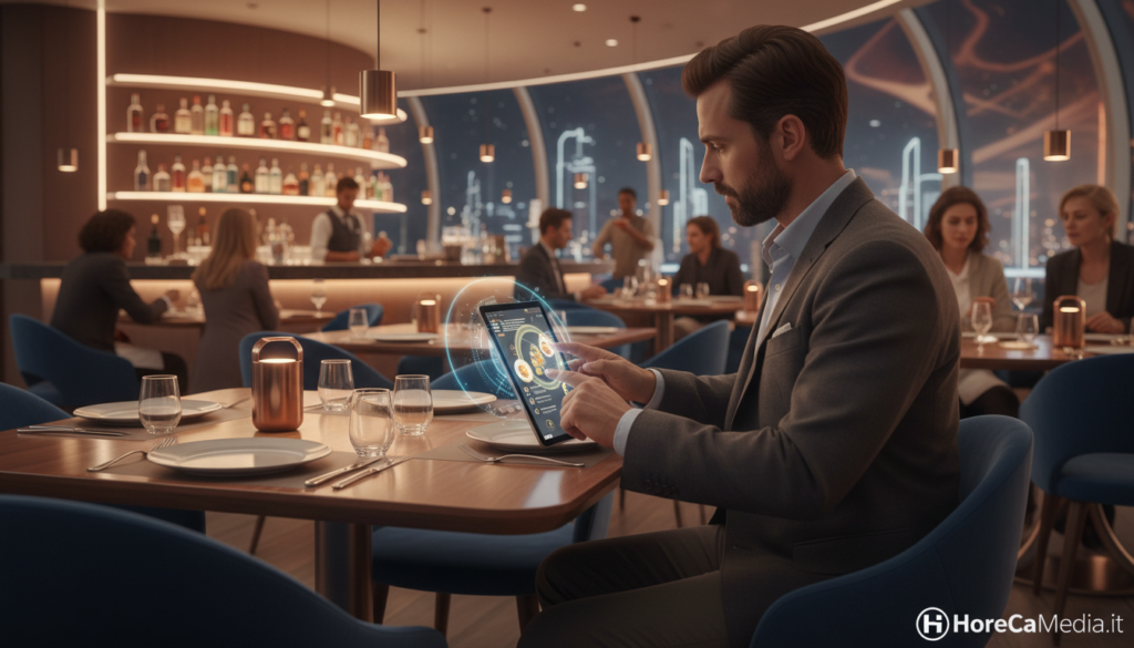A vibrant and futuristic restaurant scene showcasing a "smart digital menu" displayed on a sleek tablet, set on a polished wooden table. In the foreground, a businessman in smart casual attire interacts with the menu, highlighting dishes with AI-driven recommendations glowing softly on the screen. The middle ground features elegantly arranged dining tables with modern cutlery and ambient lighting. Background elements include a contemporary bar with illuminated shelves of drinks and patrons enjoying their meals in a relaxed atmosphere. Warm, inviting colors dominate the scene, emphasizing an atmosphere of innovation and culinary delight. The image should have soft focus lighting to create a welcoming feel, capturing the essence of modern dining experiences in the HoReCa sector, branded with "HoReCaMedia.it" subtly integrated into the design.