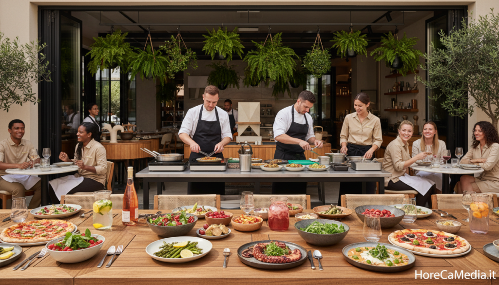 A vibrant and inviting contemporary gastronomic panorama showcasing a bustling food and beverage setting in 2026. In the foreground, an elegantly set outdoor dining table brimming with colorful, seasonal dishes and fresh ingredients, reflecting spring-summer trends. In the middle ground, chefs in professional attire are actively preparing gourmet meals, using innovative techniques and fresh produce, while servers in smart casual clothing interact with satisfied diners. The background features a stylish restaurant environment with lush greenery and modern décor. The lighting is bright and natural, evoking a cheerful atmosphere. Capture this lively scene with a wide-angle lens to emphasize the dynamic ambiance. The image symbolizes the evolving culinary landscape of the HoReCa industry, representing the flavors and formats captivating customers this season. HoReCaMedia.it.