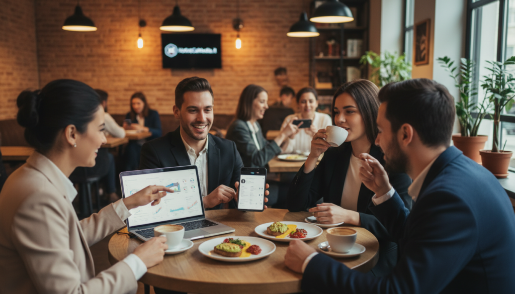 A vibrant and inviting restaurant scene that captures the essence of social media marketing strategies for eateries. In the foreground, a diverse group of four professionals in smart casual attire collaborate over a laptop and a smartphone. They are reviewing analytics and social media posts on a trendy café table adorned with food and drinks, showcasing a visually appealing menu. In the middle background, a cozy restaurant atmosphere with tasteful decor and patrons enjoying their meals, emphasizing engagement via tablets and phones. Soft, warm lighting creates an inviting ambiance, with a slight lens blur to focus on the professionals. The overall mood is dynamic and innovative, reflecting the future of marketing in the hospitality sector, branded subtly with "HoReCaMedia.it". A vibrant and inviting restaurant scene that captures the essence of social media marketing strategies for eateries. In the foreground, a diverse group of four professionals in smart casual attire collaborate over a laptop and a smartphone. They are reviewing analytics and social media posts on a trendy café table adorned with food and drinks, showcasing a visually appealing menu. In the middle background, a cozy restaurant atmosphere with tasteful decor and patrons enjoying their meals, emphasizing engagement via tablets and phones. Soft, warm lighting creates an inviting ambiance, with a slight lens blur to focus on the professionals. The overall mood is dynamic and innovative, reflecting the future of marketing in the hospitality sector, branded subtly with "HoReCaMedia.it".