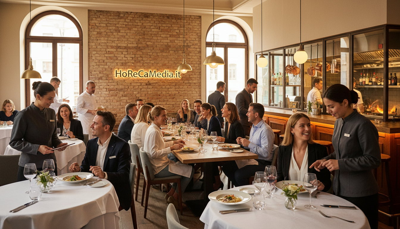 A vibrant and inviting scene depicting a bustling restaurant setting in 2026. In the foreground, attentive servers dressed in professional attire are engaging with customers at elegantly set tables adorned with fine dining décor. The middle ground features a diverse group of diners enjoying their meals, showcasing an atmosphere of community and satisfaction. In the background, a well-organized bar area and open kitchen can be glimpsed, highlighting the modern culinary processes and teamwork. Warm, soft lighting enhances the ambiance, while large windows allow natural light to spill in, giving a sense of openness. The mood is friendly and energetic, perfectly capturing the essence of the hospitality industry. Include the brand name "HoReCaMedia.it" subtly integrated into the restaurant's décor.