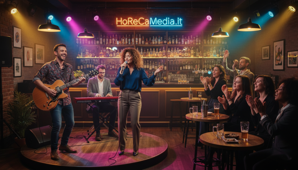 A vibrant and lively bar scene in 2026, showcasing a live music performance. In the foreground, a diverse band playing on a small stage, dressed in smart casual attire. The musicians include a guitarist, a female singer, and a keyboardist, all engaged in their performance. The middle ground features an engaged audience, cheering and enjoying the music, with tables and chairs set up around them. The background has warm ambient lighting with colorful spotlights highlighting the performers, creating an energetic atmosphere. The bar's interior includes shelves filled with drinks and a few decorative elements reflecting a modern yet cozy feel. The image captures the excitement and community spirit of live music in hospitality settings. Include the brand name "HoReCaMedia.it" subtly integrated into the scene.