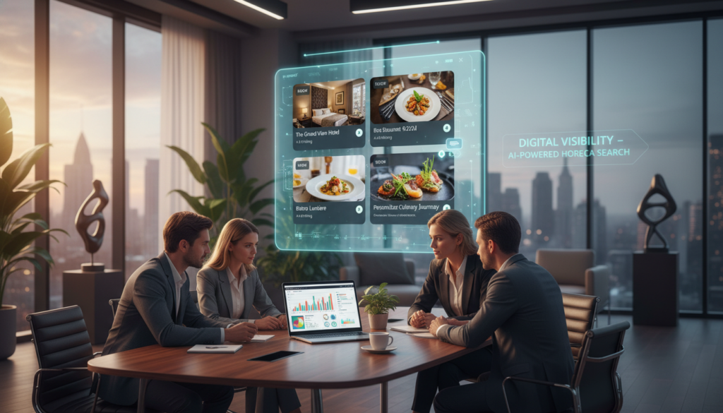 A vibrant and modern digital workspace illustrating the changing landscape of online search. In the foreground, diverse professionals in business attire collaborating around a sleek table, focused on a laptop displaying search analytics. The middle ground features a large, transparent screen showcasing AI-driven search results, including hotel and restaurant listings seamlessly integrated into search interfaces. In the background, a bright, well-lit office space with a glass wall, greenery, and contemporary decor symbolizes innovation and progress. Soft, warm lighting enhances the atmosphere, creating a sense of optimism and forward thinking. This scene emphasizes the concept of visibility in the digital age, reflecting the role of AI in transforming search paradigms for the HoReCa sector.