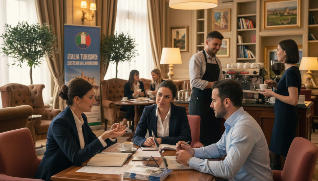 A vibrant and professional scene set in a cozy café within a bustling hotel environment, emphasizing support for workers in the tourism sector. In the foreground, a diverse group of professionals, including a woman in a smart blazer and a man in a dress shirt, are engaged in a discussion at a table stacked with hospitality-related documents and a laptop. The middle ground features a welcoming barista serving coffee to patrons, highlighting the operations of the HoReCa industry. The background captures elegant hotel decor, with soft lighting casting a warm glow, contributing to an uplifting atmosphere. The scene aims to reflect collaboration, support, and the vitality of the workforce in Italy's tourism sector. Lighting should be soft yet clear to enhance the warmth of the environment, suggesting a hopeful outlook for workers. A vibrant and professional scene set in a cozy café within a bustling hotel environment, emphasizing support for workers in the tourism sector. In the foreground, a diverse group of professionals, including a woman in a smart blazer and a man in a dress shirt, are engaged in a discussion at a table stacked with hospitality-related documents and a laptop. The middle ground features a welcoming barista serving coffee to patrons, highlighting the operations of the HoReCa industry. The background captures elegant hotel decor, with soft lighting casting a warm glow, contributing to an uplifting atmosphere. The scene aims to reflect collaboration, support, and the vitality of the workforce in Italy's tourism sector. Lighting should be soft yet clear to enhance the warmth of the environment, suggesting a hopeful outlook for workers.