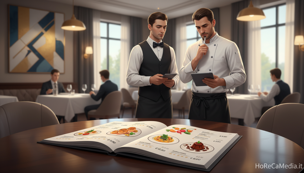 A vibrant and stylized illustration of a menu engineering concept in a high-end restaurant setting. In the foreground, a sleek, modern menu design on a polished wooden table, showcasing gourmet dishes with elegant plating and vibrant colors. In the middle, a professional chef in a crisp white uniform examines the menu, pondering its layout and pricing, while a server in smart attire attentively observes. The background features a softly lit dining area with tasteful decor, including tasteful wall art and warm ambient lighting, creating an inviting atmosphere. The image reflects a sense of strategy and professionalism, highlighting the importance of menu engineering in the restaurant industry. The brand name "HoReCaMedia.it" is subtly integrated into the scene, enhancing the focus on the subject.
