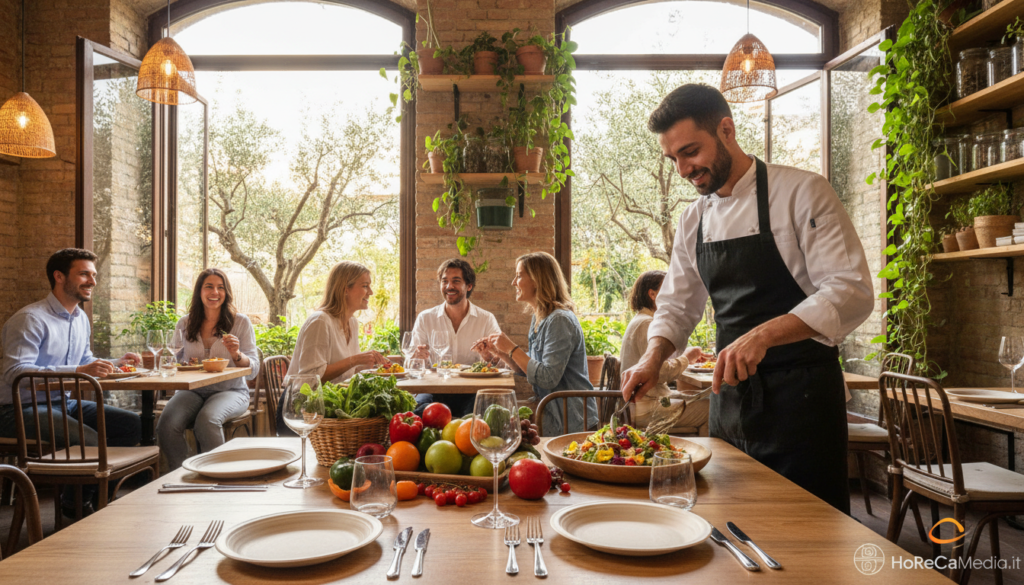 A vibrant and sustainable restaurant scene in Italy, showcasing an eco-friendly dining experience. In the foreground, a beautifully set wooden table adorned with fresh, seasonal produce, reusable cutlery, and biodegradable materials. A chef, dressed in professional attire, is skillfully preparing a colorful dish using organic ingredients. In the middle, patrons are enjoying their meals, smiling and engaging in conversations, reflecting a communal and ethical dining experience. The background features large windows with natural light streaming in, lush greenery visible outside, symbolizing the connection to nature. The overall mood is warm and inviting, with soft, natural lighting enhancing the organic atmosphere. The logo "HoReCaMedia.it" subtly incorporated into the table setting, promoting sustainable practices in the foodservice industry.