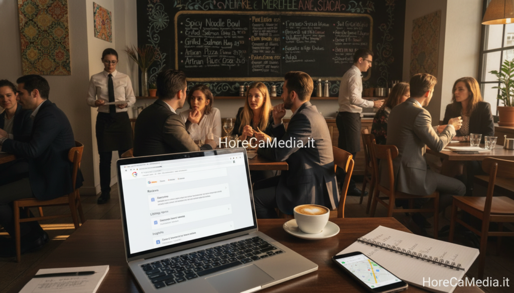 A vibrant, bustling restaurant interior with a diverse group of professionals in smart casual attire engaging in a discussion about marketing strategies. In the foreground, a laptop is open displaying the Google My Business dashboard, highlighting its features. The middle ground features a table with a notepad, a smartphone showing maps, and a coffee cup. In the background, restaurant staff are seen serving customers while a colorful menu board displays enticing dishes. The lighting is warm and inviting, creating a lively atmosphere that emphasizes the importance of digital presence. Capture this scene through a slightly elevated angle, showcasing the interaction and energy in the restaurant environment. Include the brand name "HoReCaMedia.it" subtly within the decor elements, without applying any text overlays.