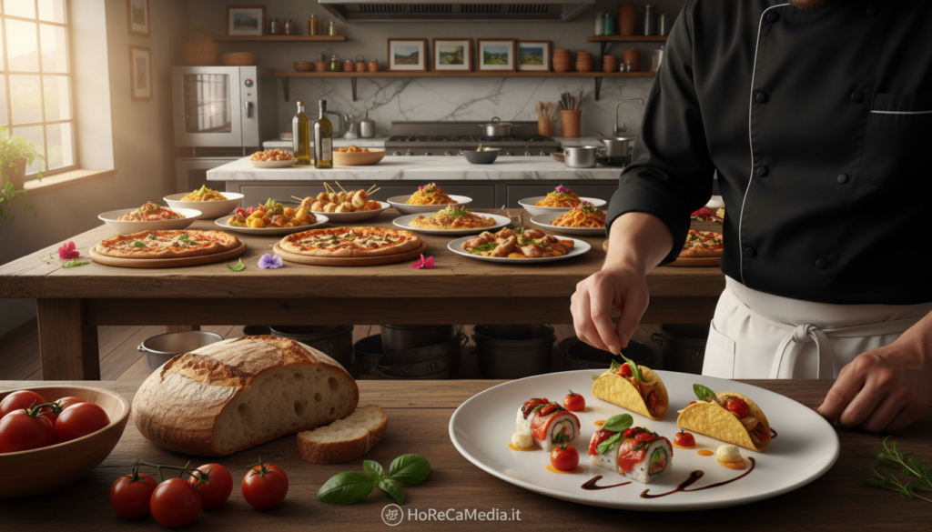 A vibrant, contemporary kitchen scene showcases the fusion of global street food with Italian culinary traditions. In the foreground, a chef in professional attire prepares a colorful plate of hybrid dishes, featuring classic Italian ingredients like fresh basil, ripe tomatoes, and artisanal bread, artfully combined with international elements like sushi rolls and tacos. The middle ground includes an assortment of beautifully arranged dishes on a rustic wooden table, exuding warmth and creativity. The background reveals an inviting kitchen space adorned with modern appliances and traditional Italian decor, illuminated by soft, natural light, suggesting a dynamic atmosphere of culinary evolution. The composition conveys a sense of innovation and cultural exchange, encapsulated with the essence of HoReCaMedia.it. A vibrant, contemporary kitchen scene showcases the fusion of global street food with Italian culinary traditions. In the foreground, a chef in professional attire prepares a colorful plate of hybrid dishes, featuring classic Italian ingredients like fresh basil, ripe tomatoes, and artisanal bread, artfully combined with international elements like sushi rolls and tacos. The middle ground includes an assortment of beautifully arranged dishes on a rustic wooden table, exuding warmth and creativity. The background reveals an inviting kitchen space adorned with modern appliances and traditional Italian decor, illuminated by soft, natural light, suggesting a dynamic atmosphere of culinary evolution. The composition conveys a sense of innovation and cultural exchange, encapsulated with the essence of HoReCaMedia.it.