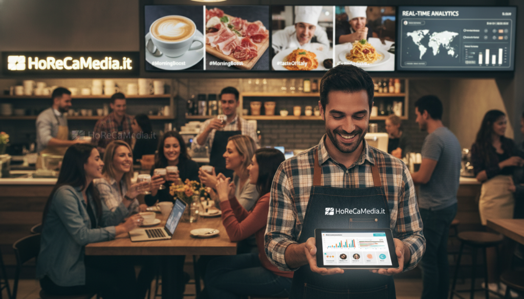 A vibrant digital scene showcasing the concept of "digital presence in the HoReCa industry." In the foreground, a professional barista in smart casual attire actively engages with a tablet, analyzing data on customer preferences. The middle ground features a modern café setting filled with customers enjoying their experience, emphasizing interaction and connection. In the background, bright screens display social media posts featuring delicious food and beverage offerings, while a digital analytics dashboard glows softly. Use warm, inviting lighting to create a friendly atmosphere, captured from a slightly elevated angle to encompass the bustling environment. This image should reflect the dynamic importance of digital presence for restaurant success, along with the brand identity of HoReCaMedia.it, inspiring an engaging and modern vibe. A vibrant digital scene showcasing the concept of "digital presence in the HoReCa industry." In the foreground, a professional barista in smart casual attire actively engages with a tablet, analyzing data on customer preferences. The middle ground features a modern café setting filled with customers enjoying their experience, emphasizing interaction and connection. In the background, bright screens display social media posts featuring delicious food and beverage offerings, while a digital analytics dashboard glows softly. Use warm, inviting lighting to create a friendly atmosphere, captured from a slightly elevated angle to encompass the bustling environment. This image should reflect the dynamic importance of digital presence for restaurant success, along with the brand identity of HoReCaMedia.it, inspiring an engaging and modern vibe.