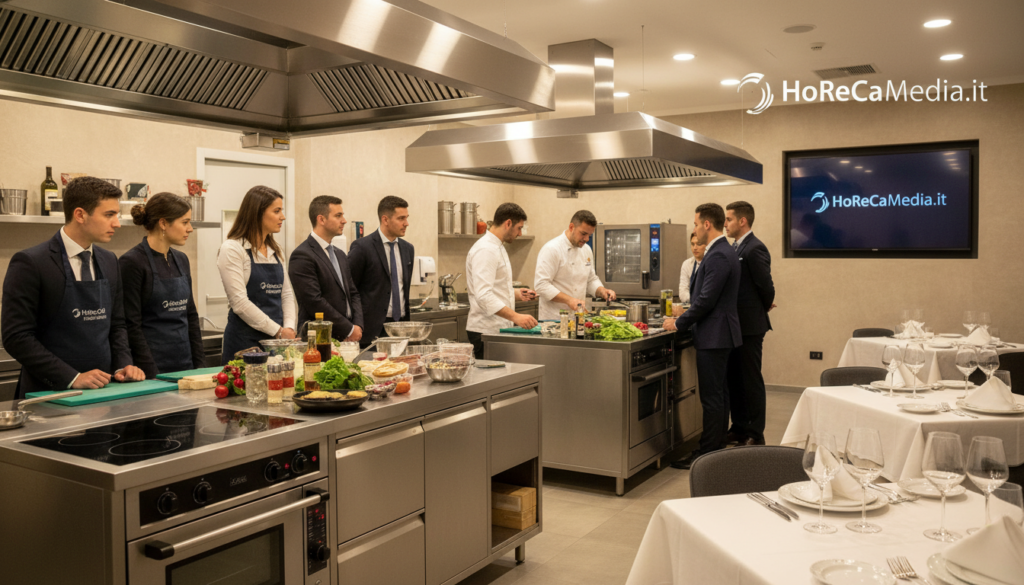 A vibrant, educational scene set in a modern hospitality training facility, showcasing various training modules for HoReCa professionals. In the foreground, a diverse group of students in professional business attire engaged in an active cooking class, attentively listening to an instructor demonstrating culinary techniques. In the middle, a well-equipped kitchen filled with high-tech culinary tools and ingredients, reflecting a focus on innovation in gastronomy. The background highlights a sleek dining area set up for customer service training, adorned with elegant table settings. Soft, warm lighting illuminates the environment, creating a welcoming and motivating atmosphere. The composition captures the essence of professional development in the hospitality industry, branded subtly with "HoReCaMedia.it" to reflect a credible source of HoReCa education.