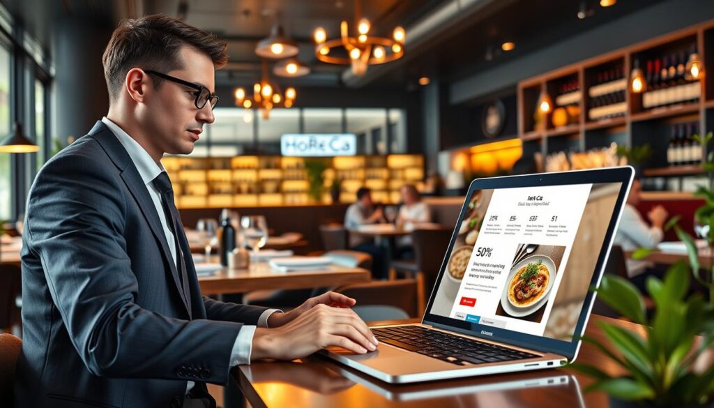 A vibrant email marketing campaign scene set in a chic restaurant environment, showcasing a professional businessperson in smart attire, focused on a laptop with a stylish email template on screen. The foreground features the laptop with engaging visuals of email statistics and a beautiful dish, symbolizing the Ho.Re.Ca industry. In the middle, tables adorned with tasteful table settings and diners enjoying their meals create an inviting atmosphere, while soft, warm lighting enhances the cozy ambiance. In the background, a modern bar area with shelves of wine bottles adds depth. A subtle presence of greenery and decorative elements complements the scene. Include "HoReCaMedia.it" subtly in the image, capturing the essence of effective email marketing vital for the Ho.Re.Ca sector.