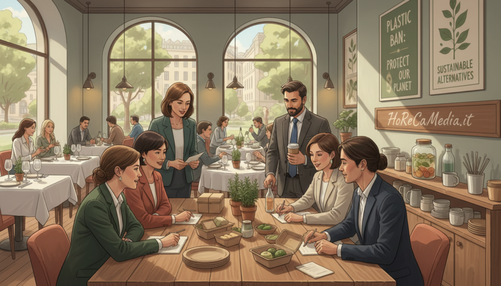 A vibrant, illustrated restaurant scene highlighting a "plastic free HoReCa" context. In the foreground, a diverse team of professionals in smart business attire is seen discussing eco-friendly practices, surrounded by innovative packaging made of biodegradable materials. The middle ground features tables set with elegant, reusable dinnerware and lush greenery, accentuating an eco-conscious dining experience. The background shows a modern restaurant with large windows allowing natural light to flood in, creating an inviting atmosphere. The setting emphasizes sustainability with posters about plastic bans and using sustainable alternatives. The color palette is warm and inviting, with earthy tones to reflect a commitment to environmental responsibility. The image should evoke a sense of community and progressive thinking towards a plastic-free future. Include the brand name "HoReCaMedia.it" subtly in the scene.