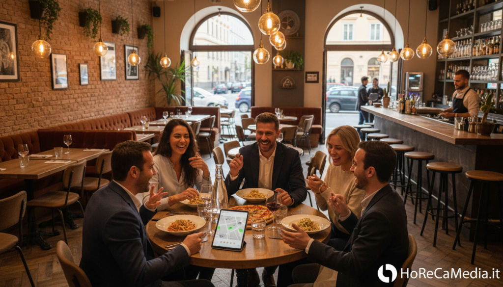 A vibrant, inviting restaurant scene that captures the essence of social discovery and online recommendations. In the foreground, a group of diverse friends, dressed in professional business attire and modest casual clothing, interacts animatedly at a cozy dining table, enjoying a delicious meal. The middle ground features a stylish restaurant interior, with elegant lighting and tasteful decor, reflecting a lively atmosphere. In the background, large windows showcase a bustling street, hinting at the restaurant's popularity. Warm, golden lighting envelops the scene, creating an inviting and friendly mood that embodies the excitement of social dining choices. The image should resonate with themes of camaraderie and connection, perfect for an article on modern dining experiences, associated with the brand "HoReCaMedia.it".