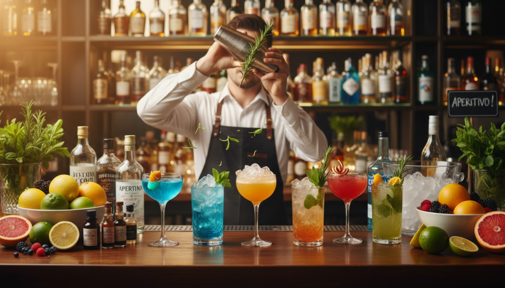 A vibrant mixology scene featuring an elegant bar setup with a variety of colorful cocktails in stylish glassware. In the foreground, a skilled bartender, dressed in a smart white shirt and black apron, expertly mixes a cocktail with fresh herbs and fruit garnishes. The middle ground showcases an assortment of beautifully arranged ingredients such as citrus fruits, artisan bitters, and premium spirits, creating a lively and inviting atmosphere. In the background, softly blurred shelves filled with liquor bottles and decorative glassware add depth and context. The lighting is warm and inviting, casting a golden hue over the scene, enhancing the cheerful and sophisticated mood of spring and summer trends in mixology. This image embodies the evolving world of aperitivo in HoReCa settings, capturing the essence of communal enjoyment and creativity in drink preparation. A vibrant mixology scene featuring an elegant bar setup with a variety of colorful cocktails in stylish glassware. In the foreground, a skilled bartender, dressed in a smart white shirt and black apron, expertly mixes a cocktail with fresh herbs and fruit garnishes. The middle ground showcases an assortment of beautifully arranged ingredients such as citrus fruits, artisan bitters, and premium spirits, creating a lively and inviting atmosphere. In the background, softly blurred shelves filled with liquor bottles and decorative glassware add depth and context. The lighting is warm and inviting, casting a golden hue over the scene, enhancing the cheerful and sophisticated mood of spring and summer trends in mixology. This image embodies the evolving world of aperitivo in HoReCa settings, capturing the essence of communal enjoyment and creativity in drink preparation.