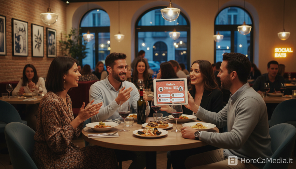 A vibrant, modern dining scene set in a chic restaurant showcasing the concept of social discovery and reservations. In the foreground, a diverse group of four friends, dressed in smart casual attire, are animatedly discussing their dining experience over a beautifully arranged table with delicious plates of food and drinks. The middle layer features a sleek tablet displaying the TheFork app interface, highlighting friend recommendations and reservation options. The background captures the warm ambiance of the restaurant with soft, inviting lighting, hanging pendant lights, and a backdrop of stylish decor. The overall mood is lively and engaging, reflecting the essence of social connections and the innovative integration of AI in restaurant reservations. Subtle branding for "HoReCaMedia.it" is woven into the environment, reinforcing the theme.