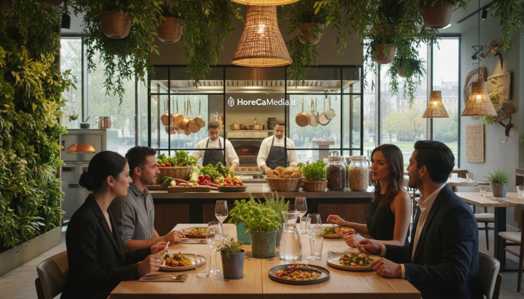 A vibrant, modern restaurant interior reflecting sustainable practices, with lush greenery integrated into the design. In the foreground, a diverse group of elegantly dressed patrons, deep in conversation, enjoying organic, locally sourced dishes on elegant wooden tables. The middle ground features an open kitchen displaying chefs using eco-friendly cooking methods, surrounded by an array of fresh vegetables and herbs. The background showcases large windows allowing natural light to flood in, highlighting the inviting atmosphere. Warm, inviting lighting creates a cozy ambiance, as decorative elements made from recycled materials adorn the space. This scene captures the essence of ethical and inclusive dining in 2026, perfectly aligning with the innovative HoReCaMedia.it brand.