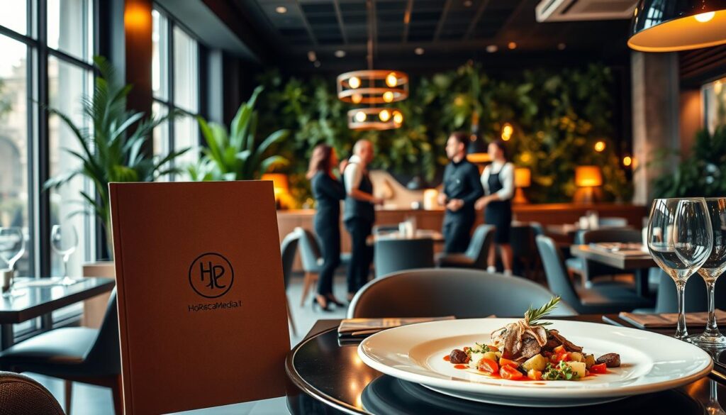 A vibrant, modern restaurant scene showcasing a strong brand identity for "HoReCaMedia.it". In the foreground, an elegantly designed menu with a unique logo and artistic food presentation on a beautifully set table, highlighting upscale dining. The middle layer features a stylish interior with contemporary furniture, dim lighting creating a warm atmosphere, and dynamic restaurant staff in professional attire interacting cheerfully with guests. In the background, plush greenery and tasteful decor elements add depth. Soft light filters through large windows, casting gentle shadows and enhancing colors. The overall mood is inviting and sophisticated, emphasizing the importance of a distinct brand identity in today’s competitive restaurant market. A vibrant, modern restaurant scene showcasing a strong brand identity for "HoReCaMedia.it". In the foreground, an elegantly designed menu with a unique logo and artistic food presentation on a beautifully set table, highlighting upscale dining. The middle layer features a stylish interior with contemporary furniture, dim lighting creating a warm atmosphere, and dynamic restaurant staff in professional attire interacting cheerfully with guests. In the background, plush greenery and tasteful decor elements add depth. Soft light filters through large windows, casting gentle shadows and enhancing colors. The overall mood is inviting and sophisticated, emphasizing the importance of a distinct brand identity in today’s competitive restaurant market.