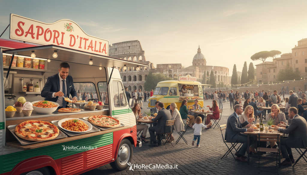 A vibrant panorama of a busy Italian food truck scene, showcasing a variety of mobile food options against a picturesque backdrop of historic architecture. In the foreground, a colorful food truck with an open serving window displays delicious Italian dishes like pizza, pasta, and gelato. In the middle ground, a diverse group of people in professional and modest casual attire enjoy their meals at outdoor tables, creating a community vibe. The background features iconic Italian landmarks, with soft, warm lighting suggesting a late afternoon. The atmosphere is lively and inviting, capturing the evolution of food trucks in Italy, while subtly incorporating the brand "HoReCaMedia.it" into the scene.