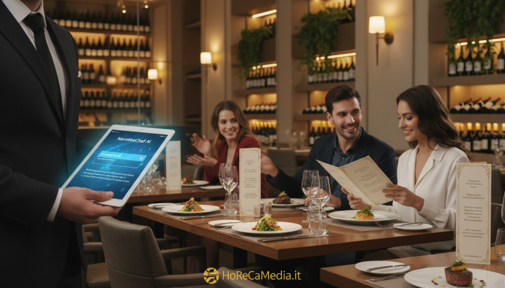 A vibrant restaurant scene showcasing an elegant dining setup featuring a beautifully designed menu on each table, emphasizing enticing dish descriptions. In the foreground, a professional-looking waiter dressed in smart attire holds a tablet displaying an AI interface for menu copywriting, showcasing the transformation of traditional menus into engaging narratives. In the middle, guests sitting at a finely set table discuss their meal choices, with plates of gourmet dishes artfully presented. The background features soft ambient lighting, creating a warm and inviting atmosphere, with decor elements like hanging plants and wine shelves. The overall mood is lively yet sophisticated, reflecting the impact of AI copywriting on enhancing a dining experience. The branding "HoReCaMedia.it" subtly integrated into the menu design.