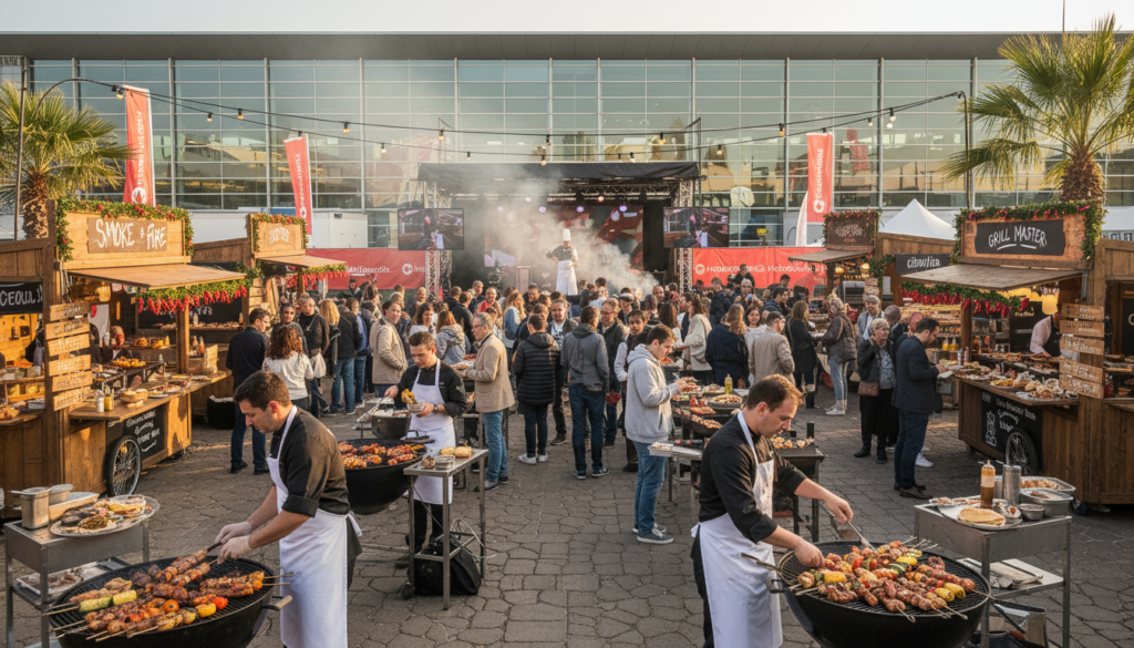 A vibrant scene at the Parma Exhibition Center during the BBQ Expo, showcasing an outdoor area bustling with energy. In the foreground, chefs in professional attire expertly grill colorful meats and vegetables on various barbecues, surrounded by an array of street food stalls featuring enticing displays of gourmet dishes. In the middle, visitors, dressed in casual yet neat attire, interact enthusiastically, sampling food and gathering around chef demonstrations. The background reveals the modern architecture of the exhibition center, with banners subtly displaying "HoReCaMedia.it." The lighting is bright and warm, evoking a lively, inviting atmosphere, captured from a slightly elevated angle to provide a comprehensive view of the event's dynamic environment, highlighting the integration of street food culture and professional culinary expertise.