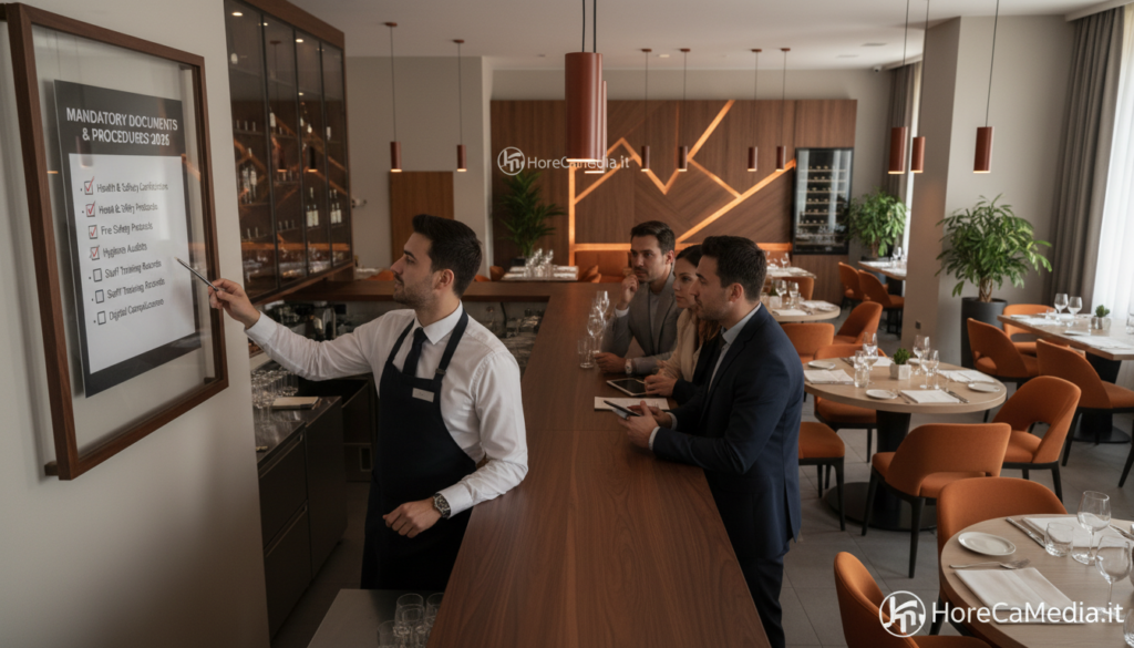 A vibrant scene depicting a modern bar and restaurant interior, showcasing a well-organized checklist visibly displayed near the counter. In the foreground, a professional server in smart attire is attentively explaining mandatory documents to a group of engaged patrons. The middle ground features neatly arranged tables with dining setups, emphasizing the importance of compliance in the hospitality industry. In the background, soft, warm lighting illuminates tasteful decorations, creating a welcoming atmosphere. The camera angle is slightly elevated, allowing a comprehensive view of the establishment. This image reflects the essential regulations for public businesses in 2026, with a subtle branding touch of "HoReCaMedia.it" integrated into the decor. The setting should convey a sense of professionalism and compliance in the dining environment.