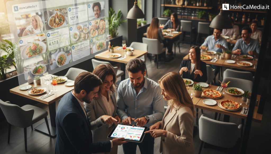 A vibrant scene depicting a modern restaurant's social media marketing strategy. In the foreground, a diverse group of business professionals in smart casual attire is gathered around a tablet, analyzing social media analytics. In the middle ground, a lively restaurant environment features tables filled with colorful dishes and happy diners enjoying their meals. The background showcases a digital screen displaying social media posts and engagement metrics related to the restaurant, emphasizing the importance of online presence. Soft, warm lighting creates an inviting atmosphere, with a shallow depth of field focusing on the group, implying a high-angle view for a dynamic perspective. The overall mood is energetic and collaborative, reflecting the synergy of culinary arts and digital marketing. Brand logo "HoReCaMedia.it" subtly integrated into the scene. A vibrant scene depicting a modern restaurant's social media marketing strategy. In the foreground, a diverse group of business professionals in smart casual attire is gathered around a tablet, analyzing social media analytics. In the middle ground, a lively restaurant environment features tables filled with colorful dishes and happy diners enjoying their meals. The background showcases a digital screen displaying social media posts and engagement metrics related to the restaurant, emphasizing the importance of online presence. Soft, warm lighting creates an inviting atmosphere, with a shallow depth of field focusing on the group, implying a high-angle view for a dynamic perspective. The overall mood is energetic and collaborative, reflecting the synergy of culinary arts and digital marketing. Brand logo "HoReCaMedia.it" subtly integrated into the scene.